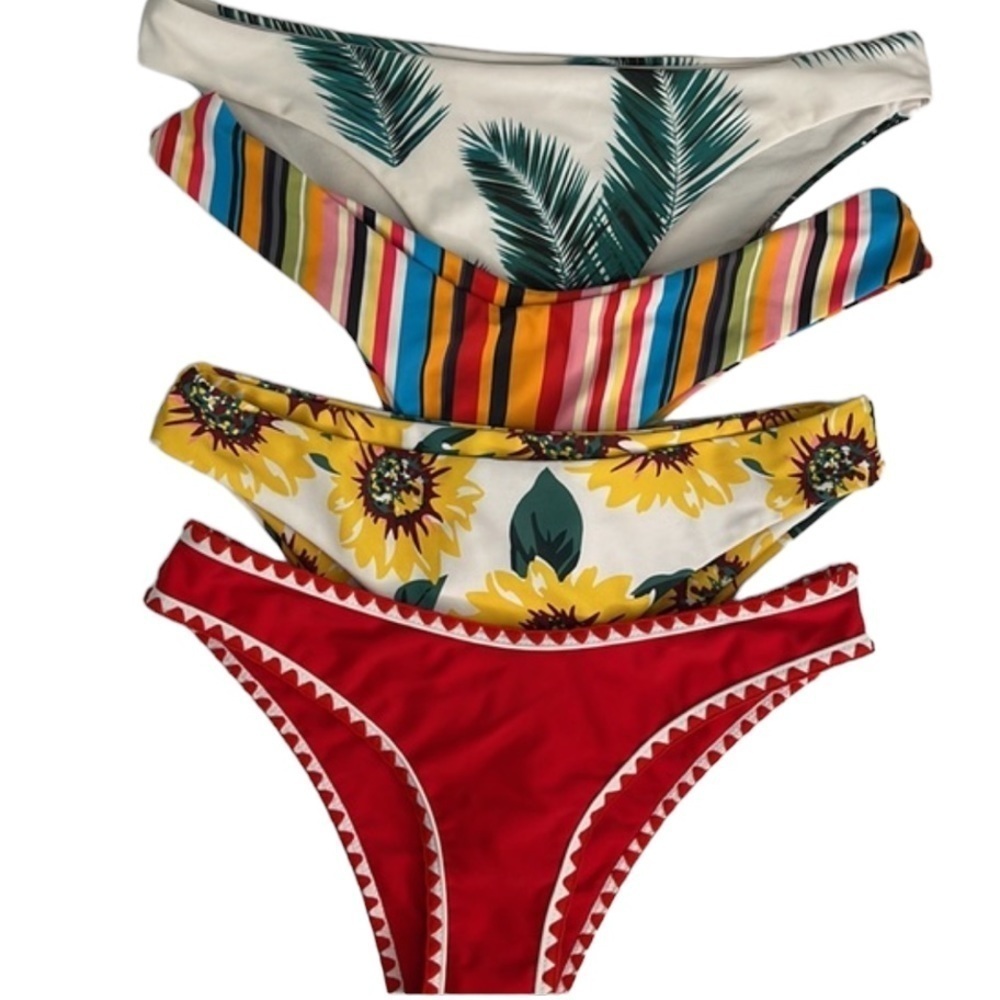 Bikini Bottoms SET of 4 Tropical Stripes Sunflowers Red S/M